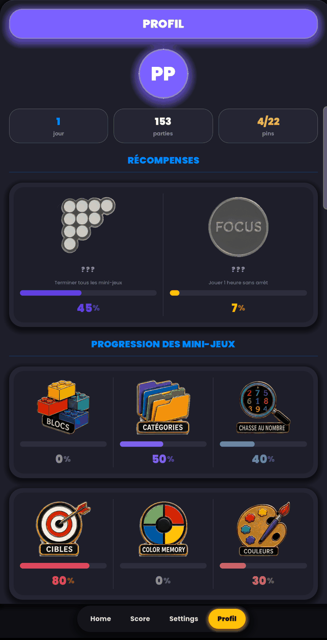 L'écran Profil de Scroll Games et sa planche de pins