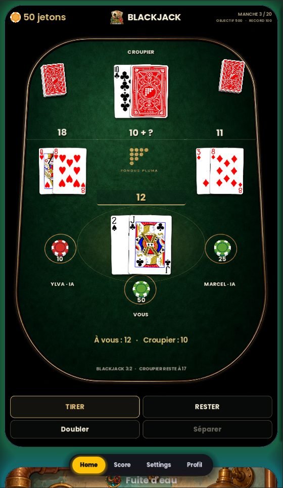 Le mini-jeu Blackjack dans l'application Scroll Games